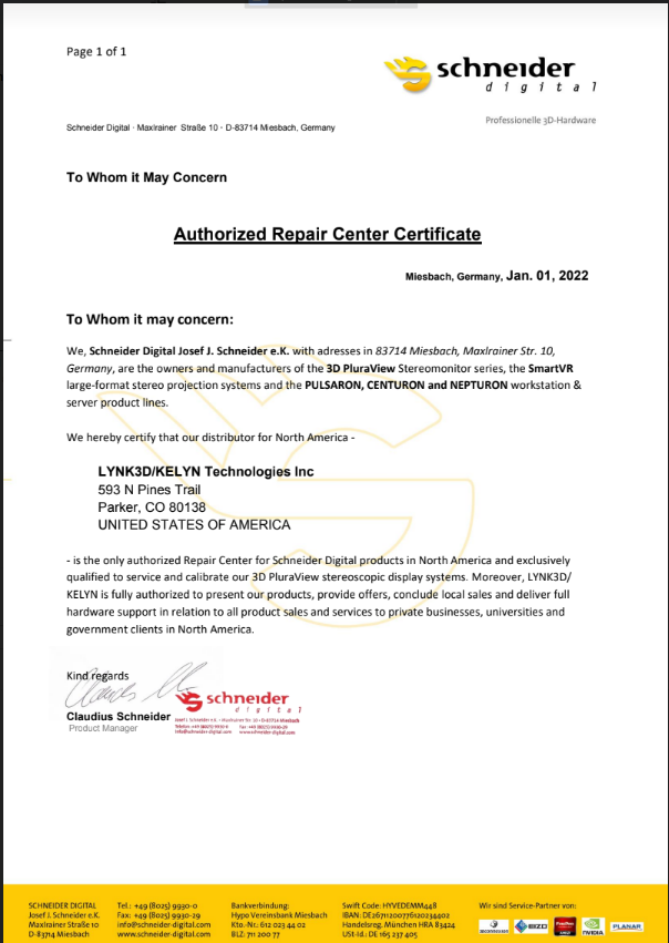 Authorized Repair Center Certificate
